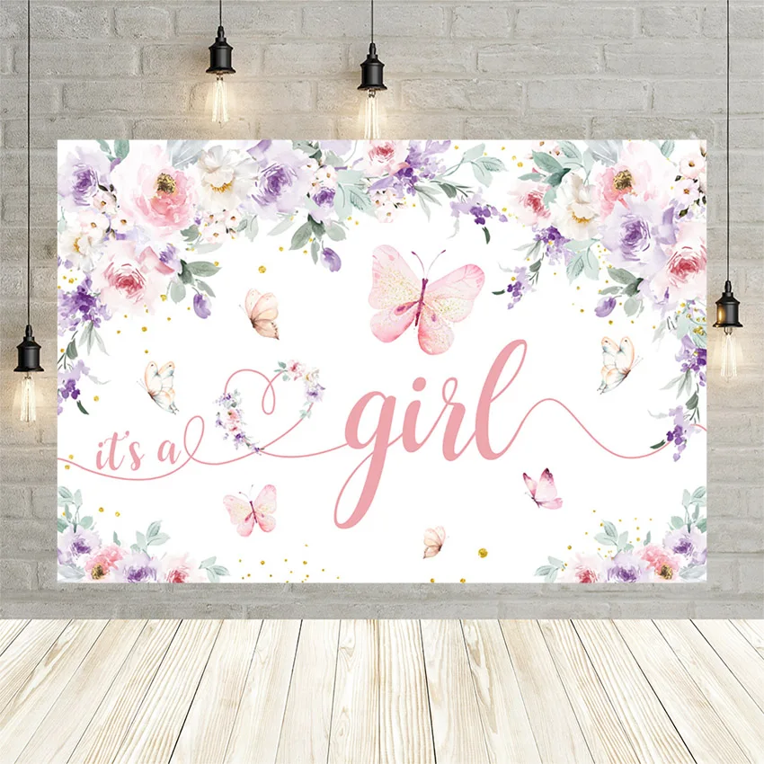 

Mehofond Baby Shower Backdrop Gender Reveal It's a Girl Butterfly Newborn Background Photography Photo Studio Photocall Decor