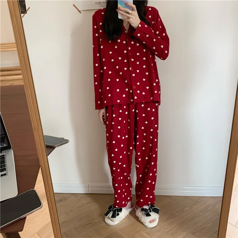 

red christmas pajama set women sleepwear long sleeve pants suit home wear love heart print pijamas 2 piece set spring L934