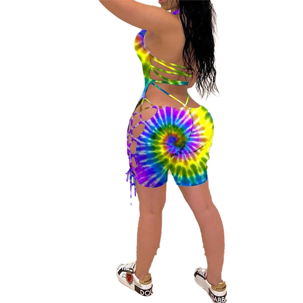 

Casual Women Sling Jumpsuit Clothing Tie-dye Printing Hollow Out Lace Up Backless Woman Bodysuit One Piece Bodycon Jumpsuit
