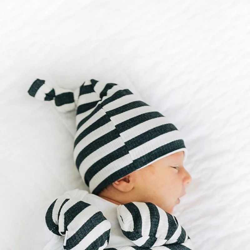 2Pcs/Set Cotton Baby Hats Mittens Newborn Stripe Knot Soft India Cap Toddler Anti Scratching Gloves Girl Warmer Long Tail Beanie | Детская