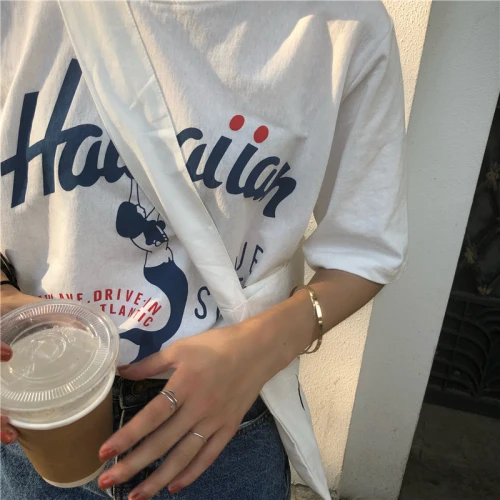 

New Young Style Tee Shirt Summer Vintage Letters Women T Shirt Mermaid O Neck Loose Tops Mujer Cartoon Print Harajuku T Shirt