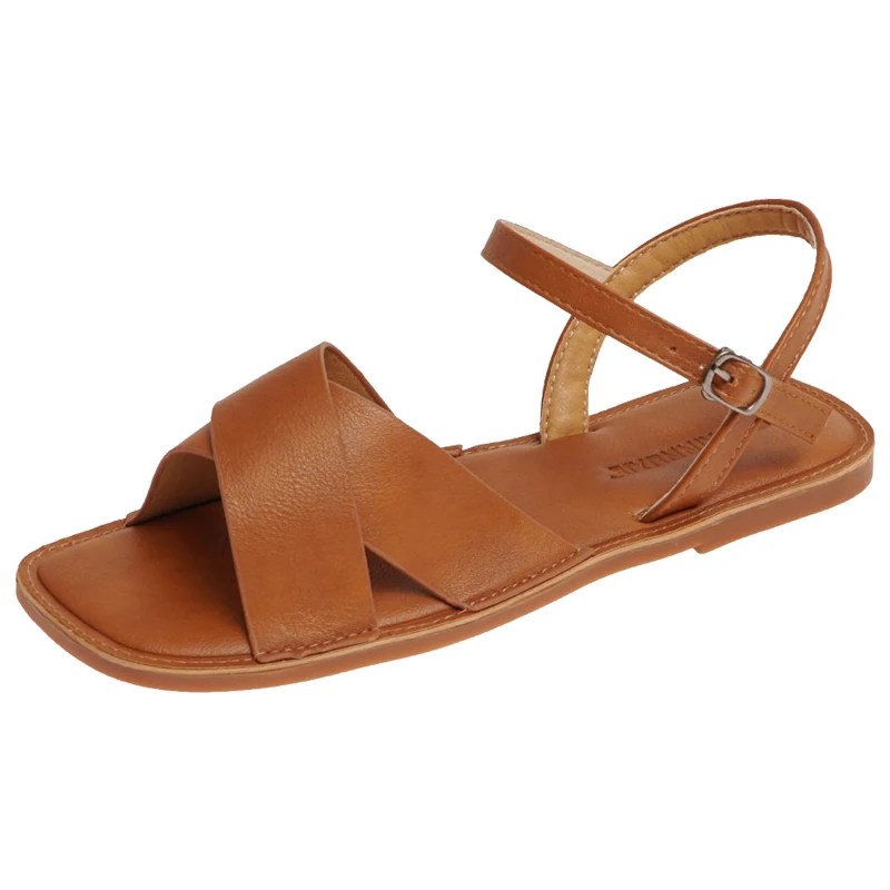 

Comfort Shoes for Women Buckle Strap Beige Heeled Sandals Cross-Shoes 2021 Summer Black Girls Flat Gladiator Low New