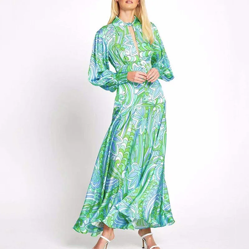 

Retro Elegant Green Dress 2021 Summer New Personalized Lapel Sneaky Design Hollow High Waist Large Swing Dress