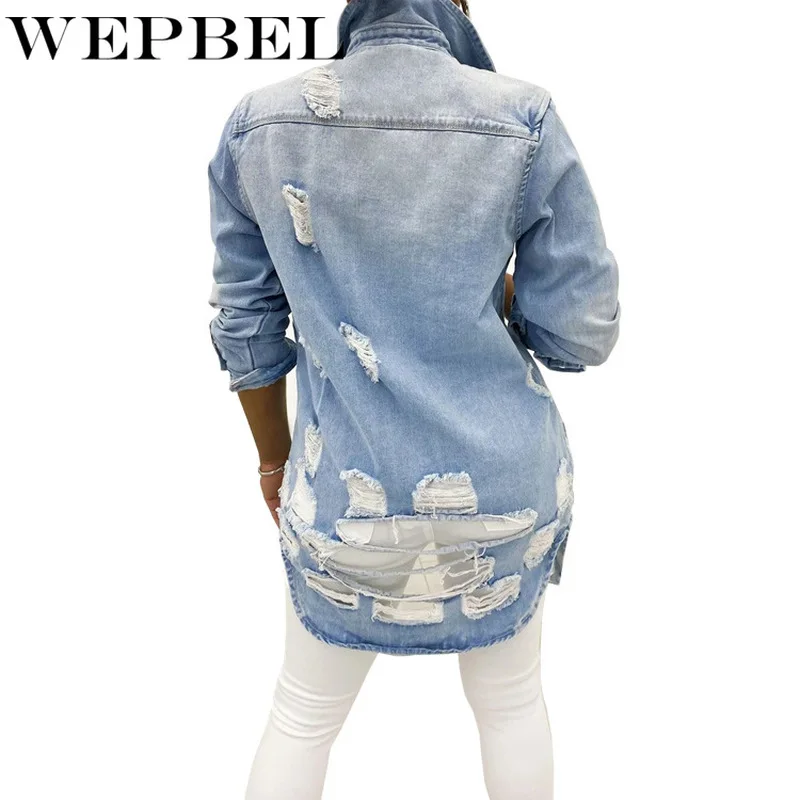 

WEPBEL Women Casual Ripped Hole Denim Long Jacket Loose Coat Outerwear