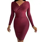 Женское трикотажное облегающее платье, однотонное Элегантное трикотажное платье в рубчик на осень и зиму с V-образным вырезом и молнией сбоку, одежда для свадебной вечеринки
