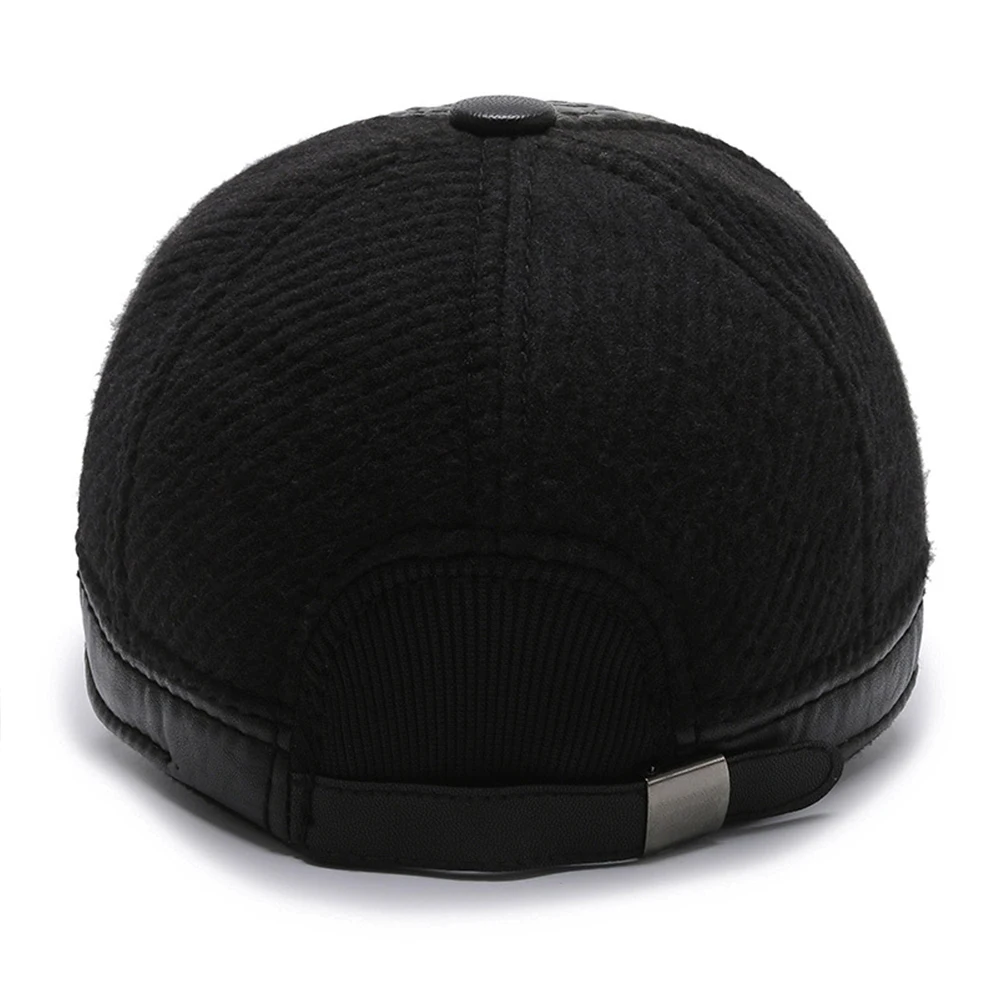 

FS Winter Leather Cap With Earflap Black PU Baseball Cap For Men Warm Plus Velvet Windproof Middle-aged Dad Hat Casquette Homme