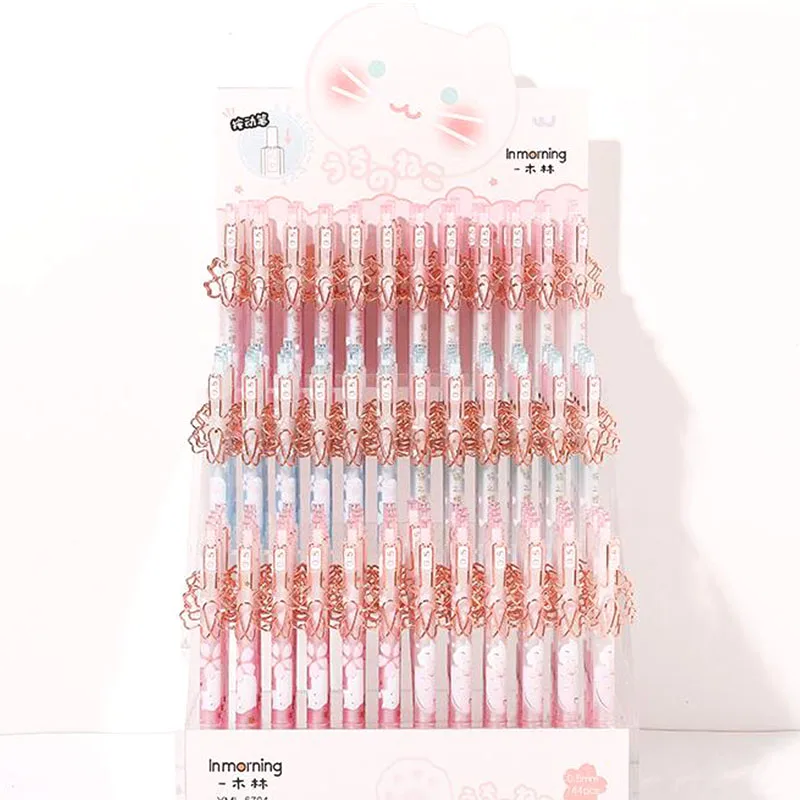 

36 pcs/lot Cute Cherry Cat Press Gel Pen with Clip Kawaii 0.5mm black ink Neutral Pens office school writing supplies gift