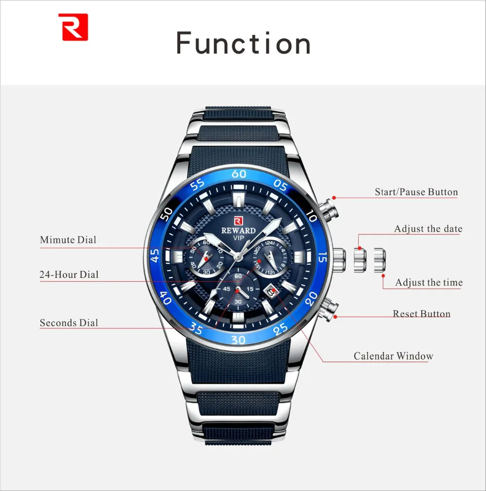 

REWARD Men's Watch Top Brand Luxury Chronograph Silicone Steel Sport Quartz Watches Waterproof Male watches relogio Masculino