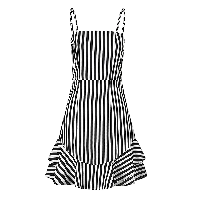 

Summer New Style Printed Sling Holiday Sexy Open Back Cascading Ruffled Chiffon Beach Casual High Waist Dress
