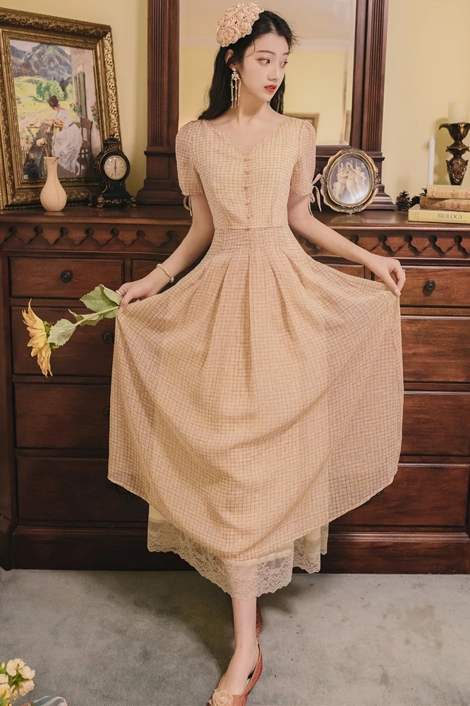 

Summer Women Dresses Literary Retro Small Plaid Long Dress