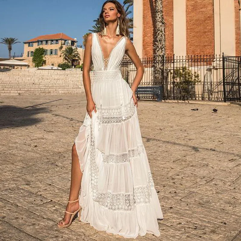 

V Neck A Line Long Evening Dresses Lace Bohemian Chiffon Holiday Vocation Beach Women Summer Dress YSAN1130