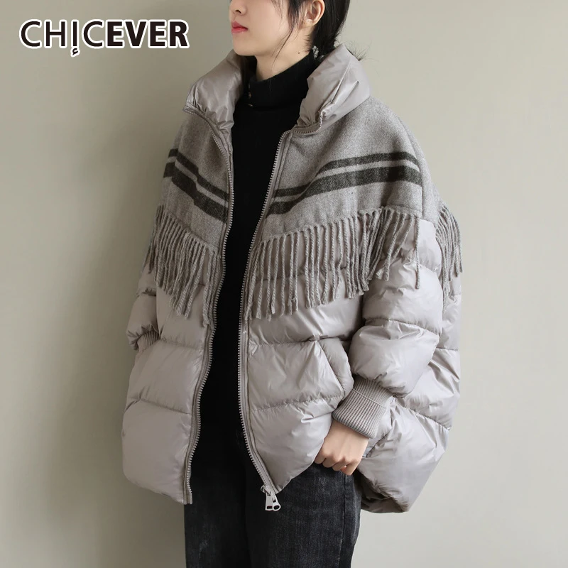 

CHICEVER корейское модное лоскутное хлопковое пальто с кисточками для женщин, зимнее пальто с воротником-стойкой и длинным рукавом, женская оде...