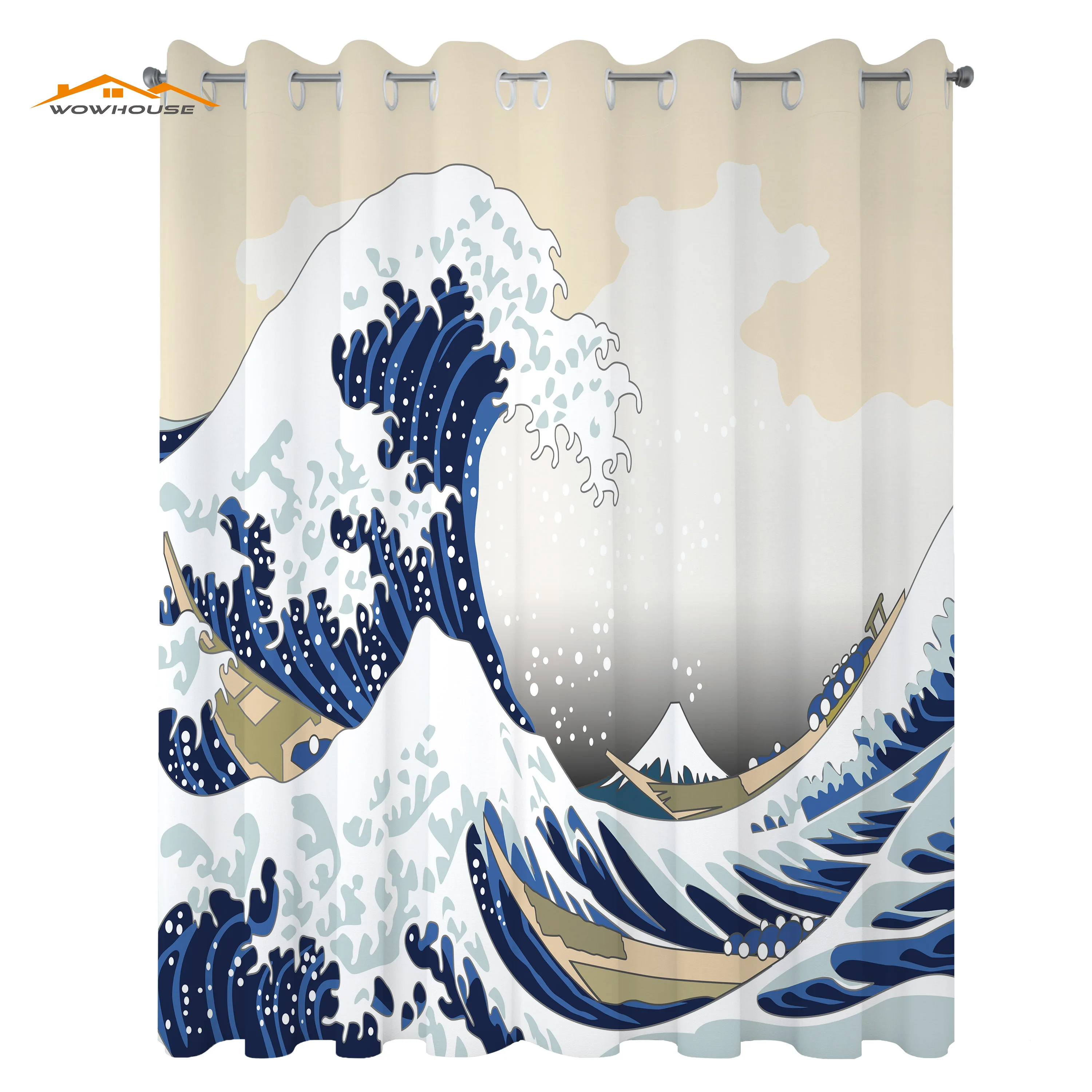 

Wave Curtains Hokusai Pattern Japanese Ukiyoe Themed Oriental Sketch Style Ocean Living Room Bedroom Window Drapes Yellow Blue