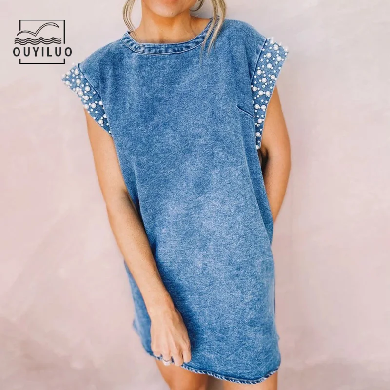Купи Beading Cuffs Denim Dress Women Sleeveless O-Neck Pullover Mini Loose Straight Dress Fashion Casual Spring Summer Blue Dresses за 1,103 рублей в магазине AliExpress