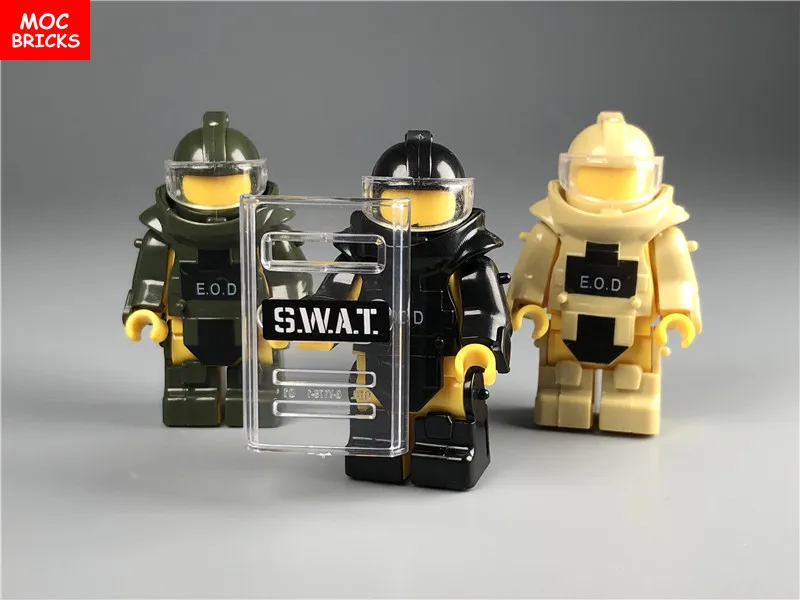 Распродажа комплектов детской кубики Moc взрывной костюм с Trans прозрачный SWAT щит армия, солдатики оружие DIY строительные блоки, игрушки для детей, подарки