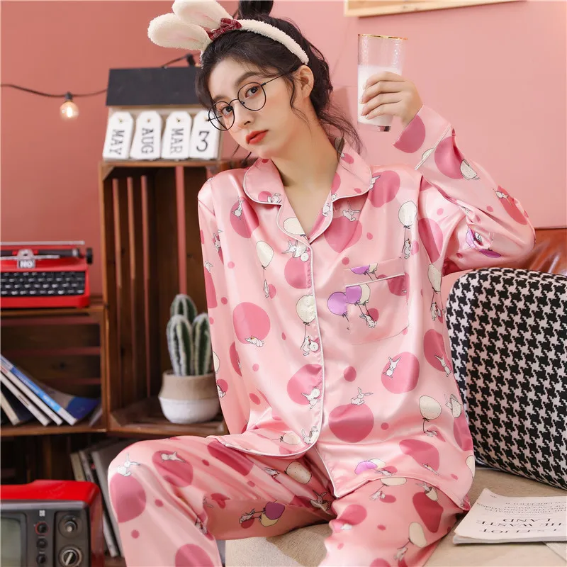 CAIYIER 2021 Silk Satin Pajamas Set Women Sexy Sleepwear Cute Print Girls Lingerie Nightwear Big Size Loungewear M-5XL Pyjamas