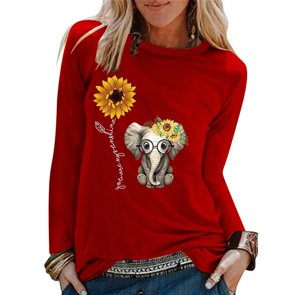 

Футболка женская с принтом подсолнухов и слонов, свободная рубашка с графическим принтом, хлопковая с круглым вырезом, одежда на весну