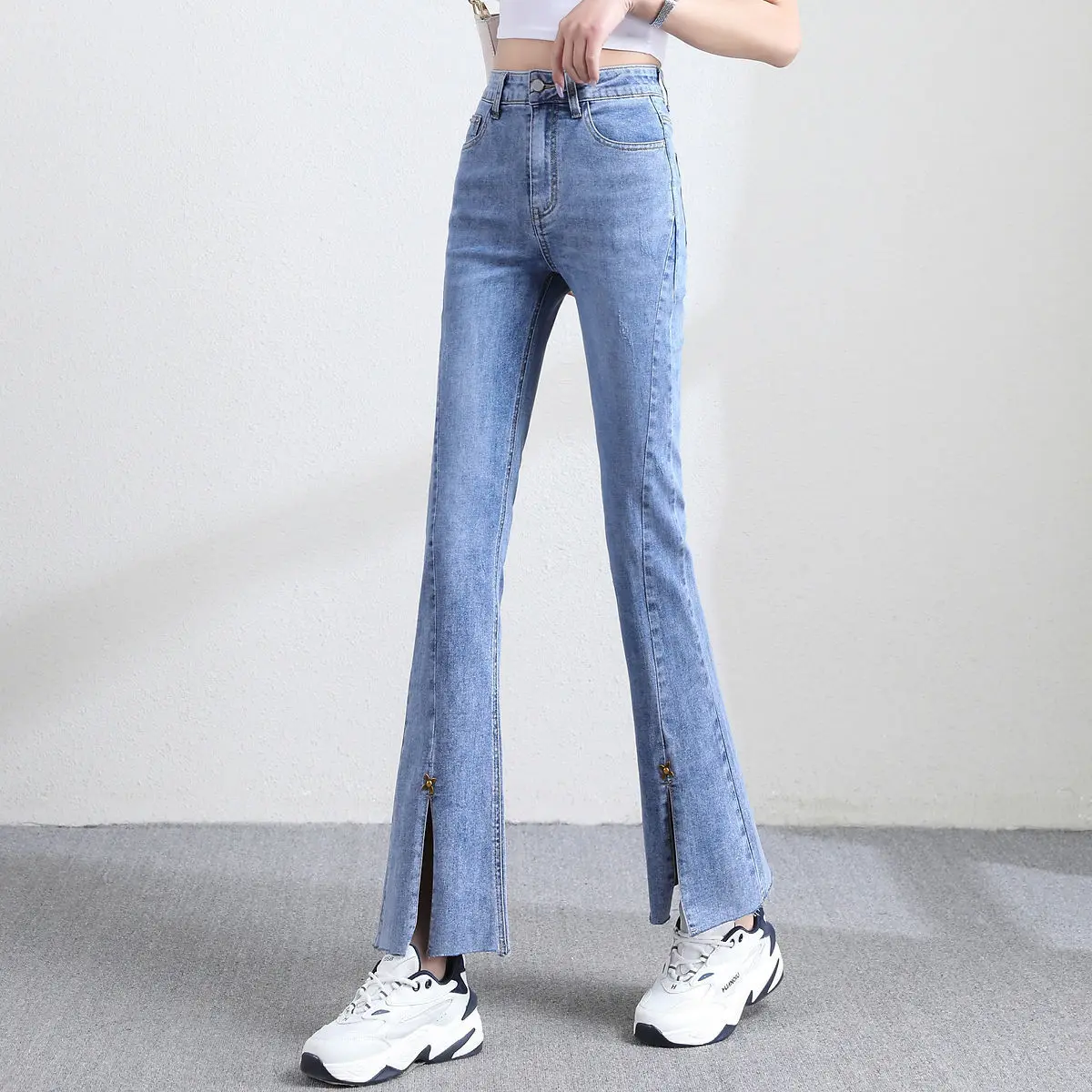 

2021 summer new fashion versatile simple design casual horn split women's jeans