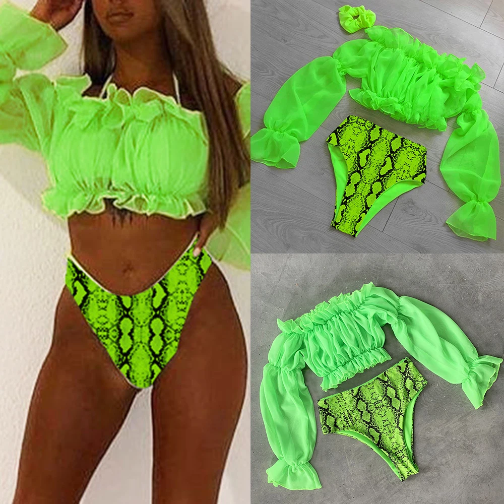 Сетчатый женский купальник с высокой талией неоновый зеленый комплект бикини