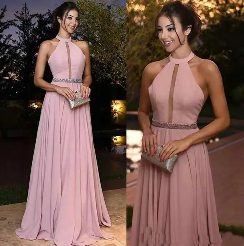 

Dusty Rose Pink Bridesmaid Dresses for Wedding Party Chiffon A Line Halter Elegant Women Celebrity Prom Gowns for New Year Eve