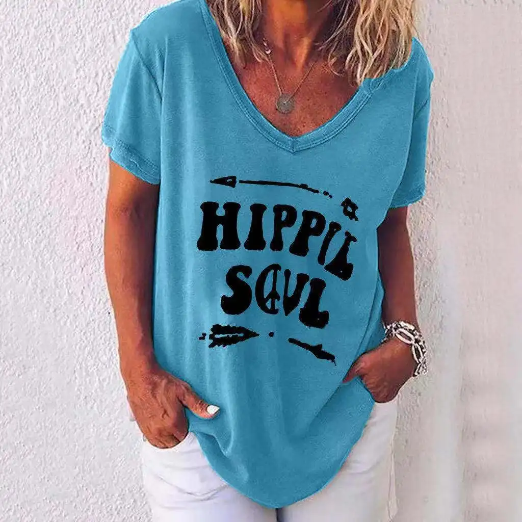 

Fashion Letter Print Casual T-shirt Women V-Neck Short Sleeve Loose Pullover Tops Cotton Polyester Tshirt For 2021 Summer Women