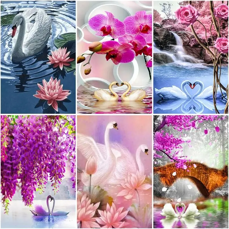 

CHENISTORY Paint By Number Swan Drawing On Canvas Gift Diy Pictures By Numbers Lake Landscape Kits Hand Painted Flower Painting