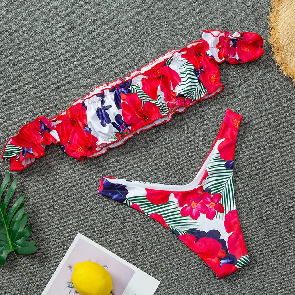 Женский раздельный купальник с оборками открытыми плечами и цветочным принтом