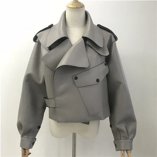 Grey Из натуральной кожи; сезон осень куртка Для женщин Хай-стрит в режиме реального пальто из овчины; Весенняя Новая модная женская кожаная куртка - Цвет: Grey