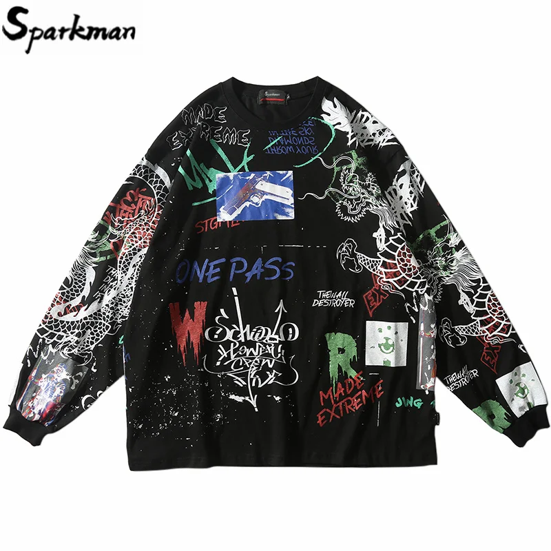 Футболка мужская оверсайз с длинным рукавом уличная одежда в стиле хип-хоп