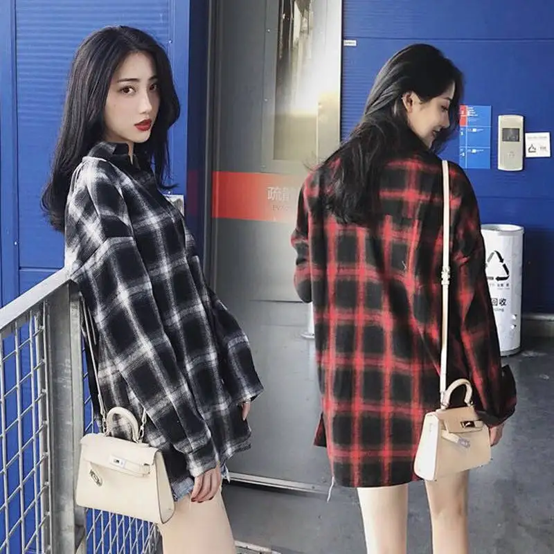 

Long Sleeve Plaid Shirt female student Korean loose sunscreen female student summer coat autumn medium length