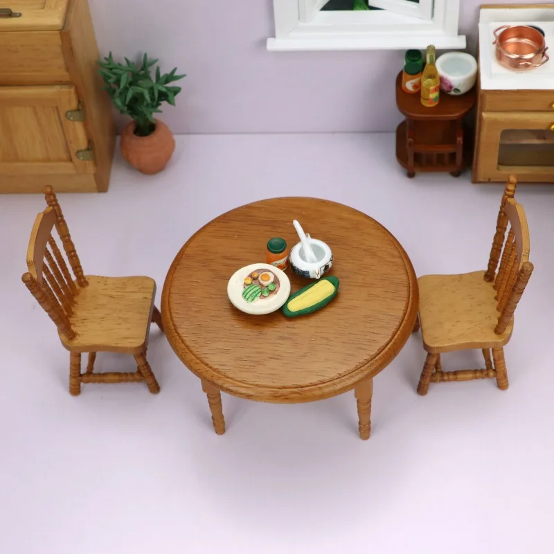 Simulation Wooden Toy 1:12 Mini Furniture Accessories Kitchen Decoration Ob11 Round Table With Chair Brown And Model |
