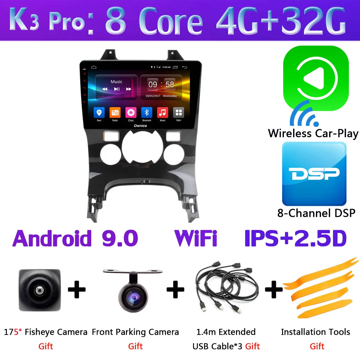 K3 Pro CarPlay 360 ° панорамный 4 × камера 4G LTE Android 9,0 8 ядер 4+ 64G SPDIF DSP CarPlay Автомобильный плеер для peugeot 3008 2013- gps радио - Цвет: K3 Pro CarPlay