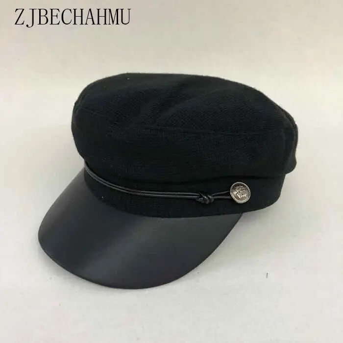Модная военная шапка из искусственной кожи Осень зима шерсть матросские шапки
