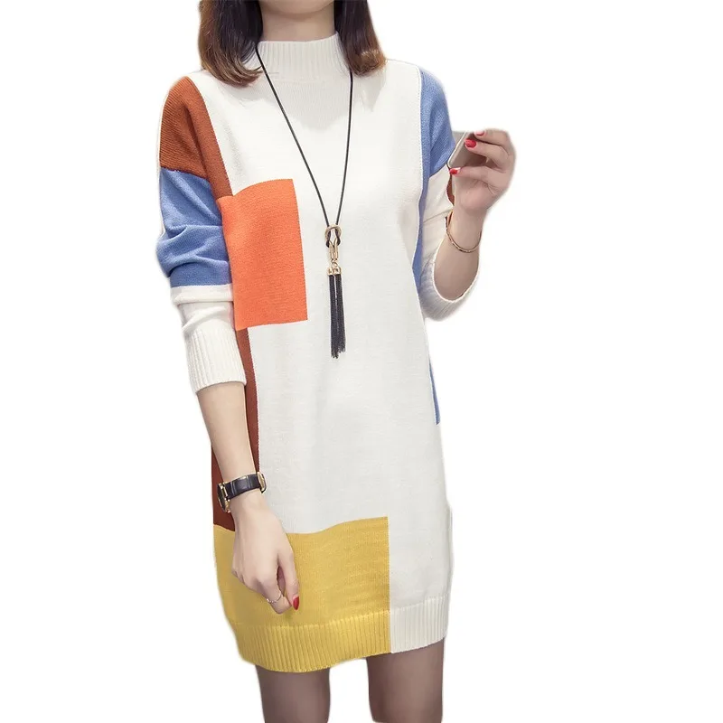 

Women large winter 2019 Korean loose cover meat contrast sweater medium long bottomed dress women sweaters and pullovers