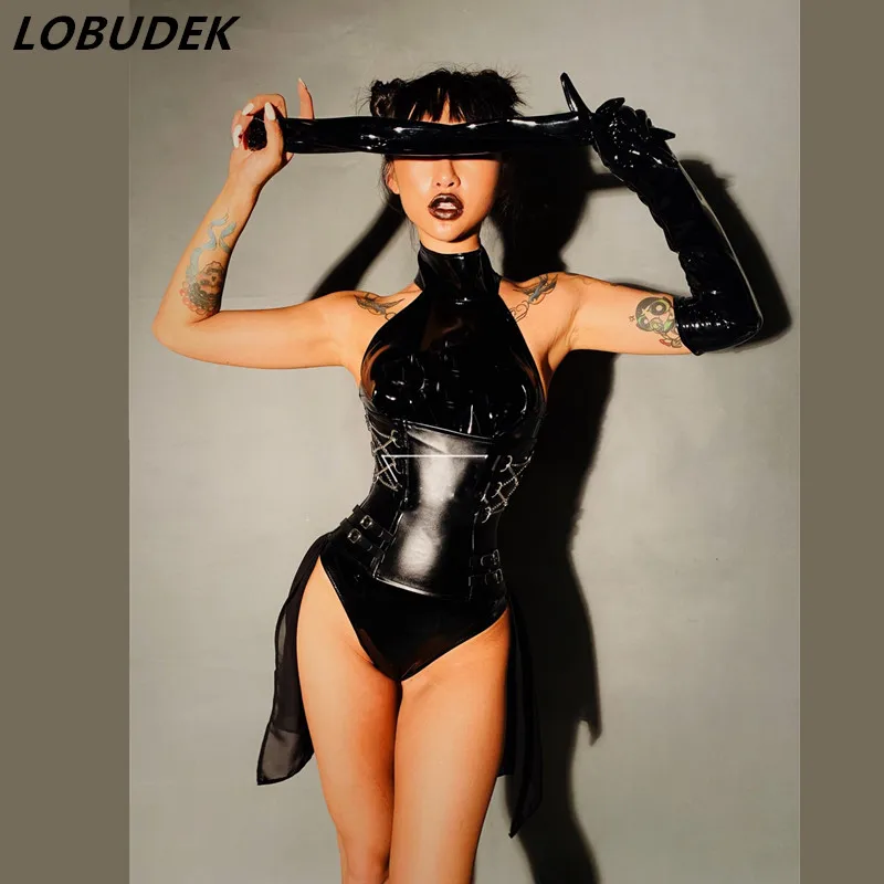 Боди женское черное из искусственной кожи соблазнительный купальник с солдатами