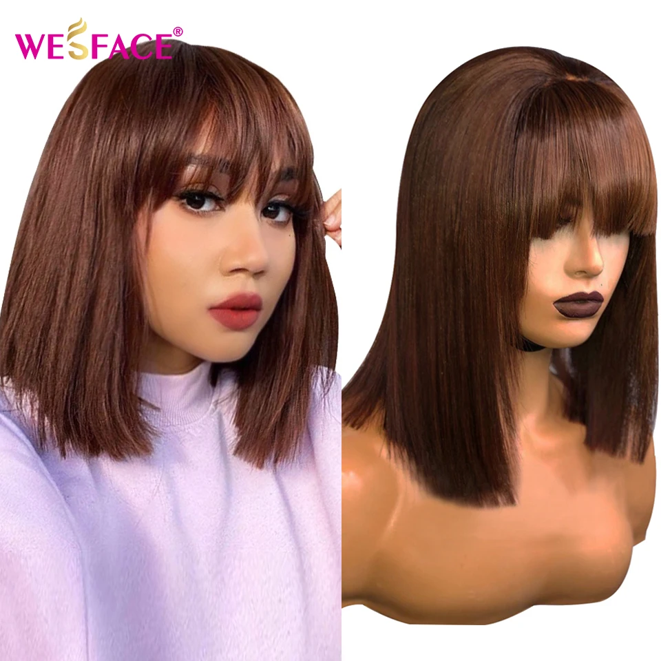 Brazilian Human hair Wigs Short Bob Straight Wigs With Bangs #4 Honey Brown Color Guleless Wig Machine Made Wigs For Black Women