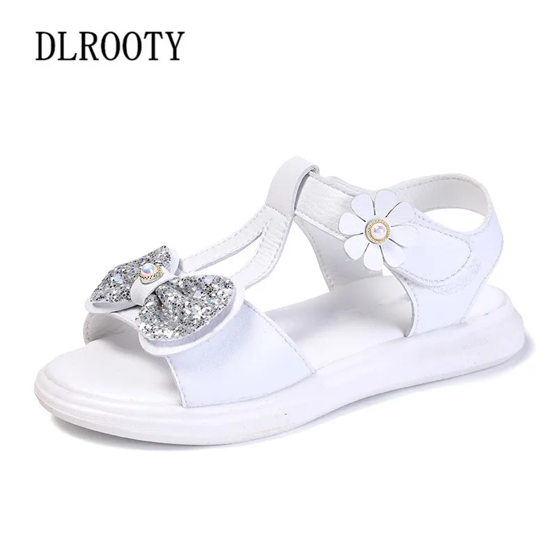 Summer Children Sandals Shoes Girls Bow-knot Flower Bling Princess Kids Party Fashion Beach Hook & Loop Flat Toddler Baby