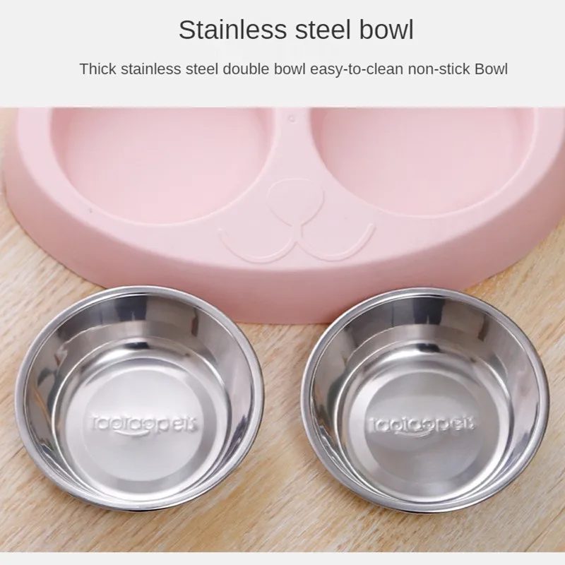 

Thickened Export Quality Two In One Pet Bowl Big Eye Cute Cat Belt Stainless Steel Double