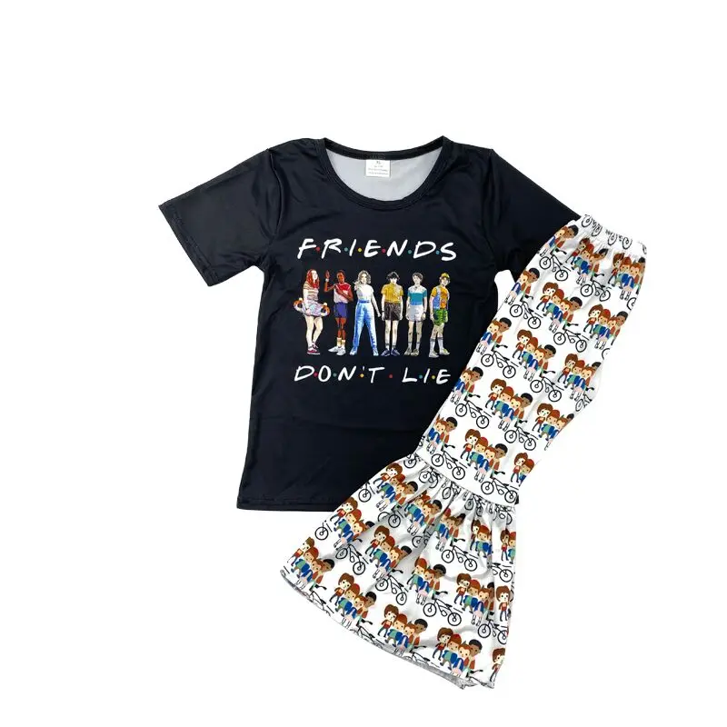 Модный черный топ с рисунком Брюки клеш Школьный детский комплект|Комплекты