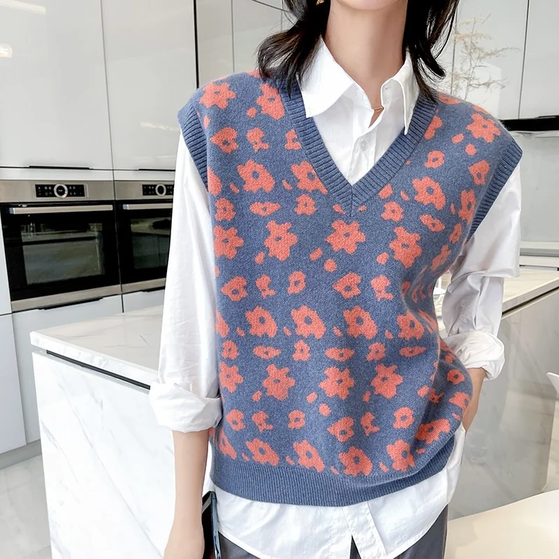 

Women Vest 100% Merino Wool Knitted Sleeveless Flower Hot Sale Spring New Fashion Ladies Knitwear Standard Clothes