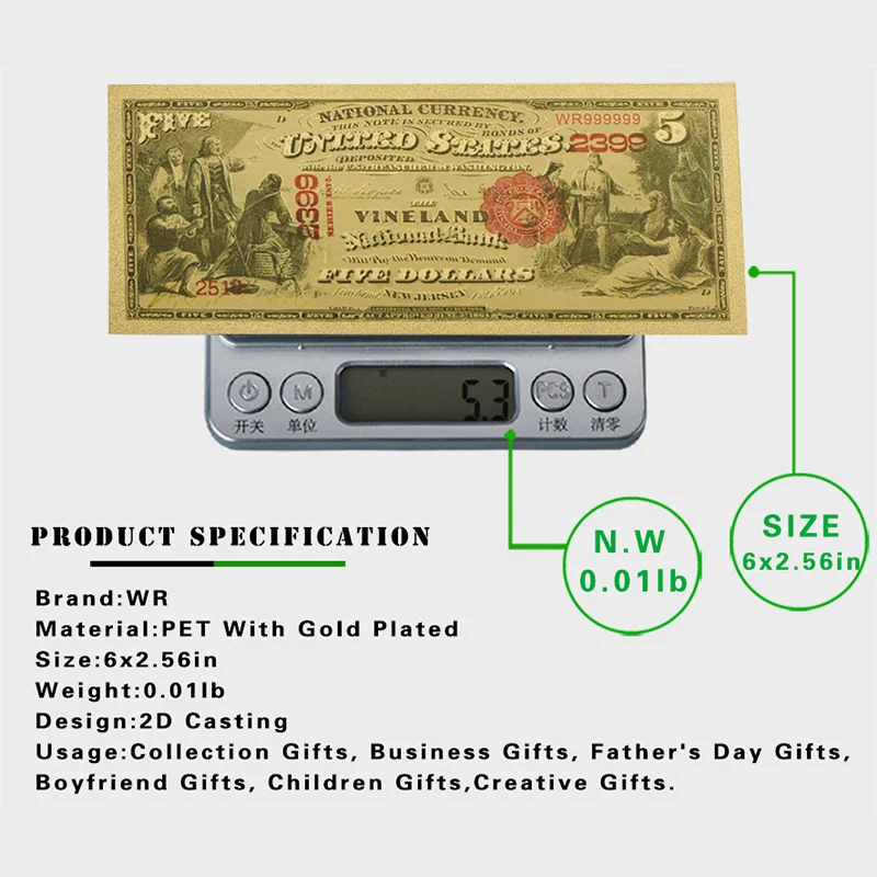 Цветная Золотая фольга для банкнот WR в американском стиле с рамкой из ПВХ 5