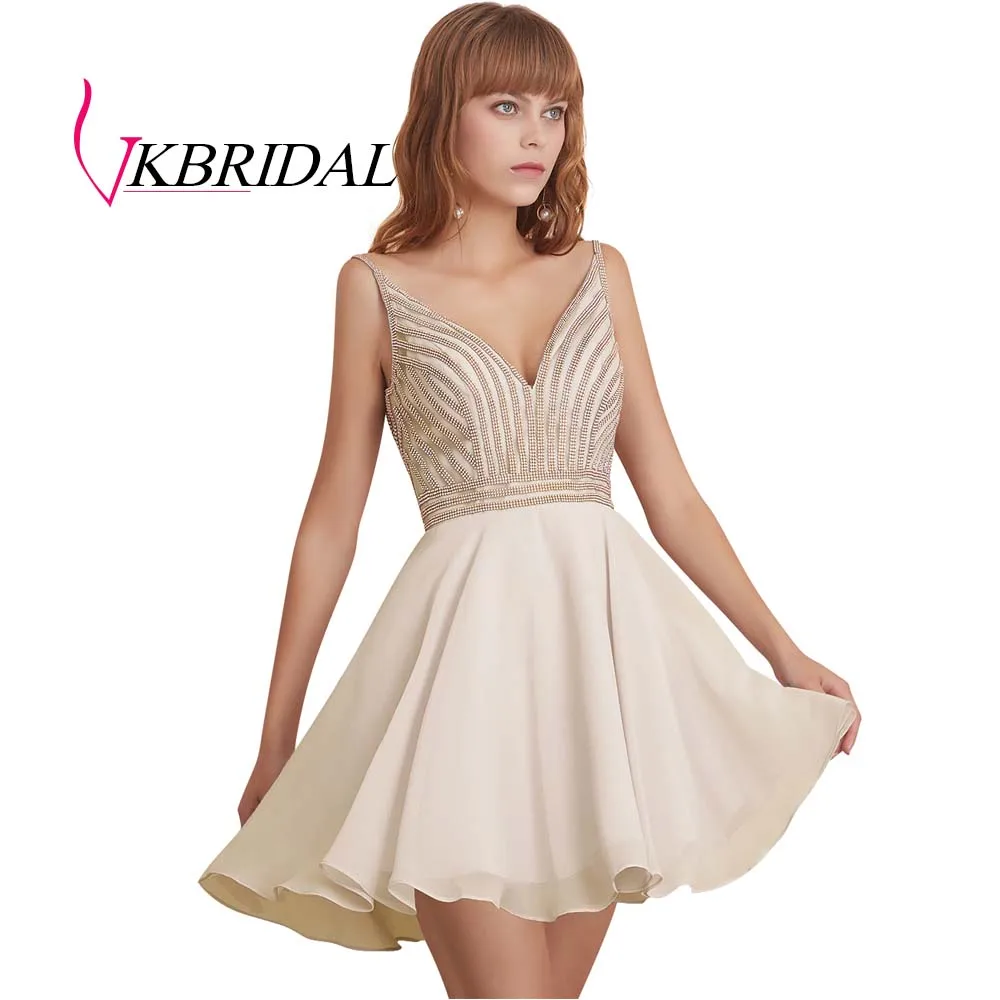 VKBRIDAL сексуальное короткое платье с v-образным вырезом для выпускного вечера Новое шифоновое бисерное милое платье с v-образным вырезом сзади - Цвет: Шампанское