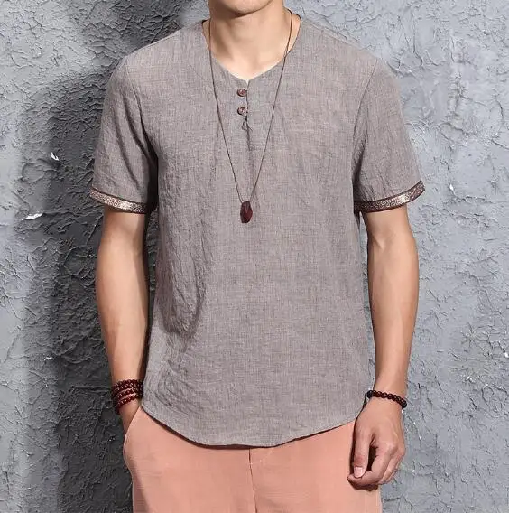 Мужская футболка в китайском стиле из хлопка и льна летняя тонкая большого