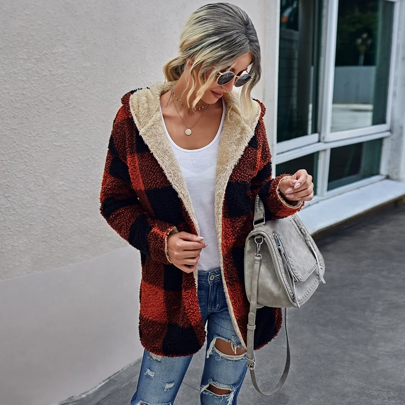 

Women Vintage Fleece Sweater Plaid Faux Fur Double Sided Cardigan Hooded Fluffy Sweater Winter Sweaters
