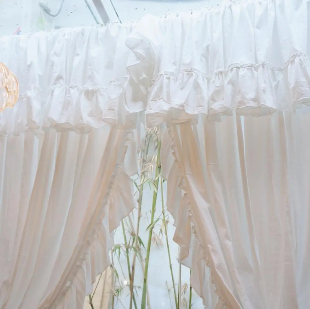French Style White Cotton Curtains with Valance for Living Room Ruffles Rod Pocket Solid Color Window Drapes Girl's Bedroom | Дом и сад
