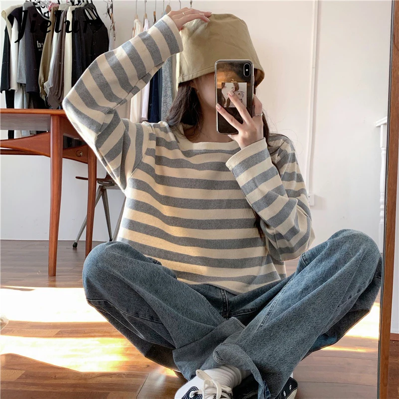 Jielur цвет заклинания Женская толстовка в полоску Harajuku модный свободный тонкий