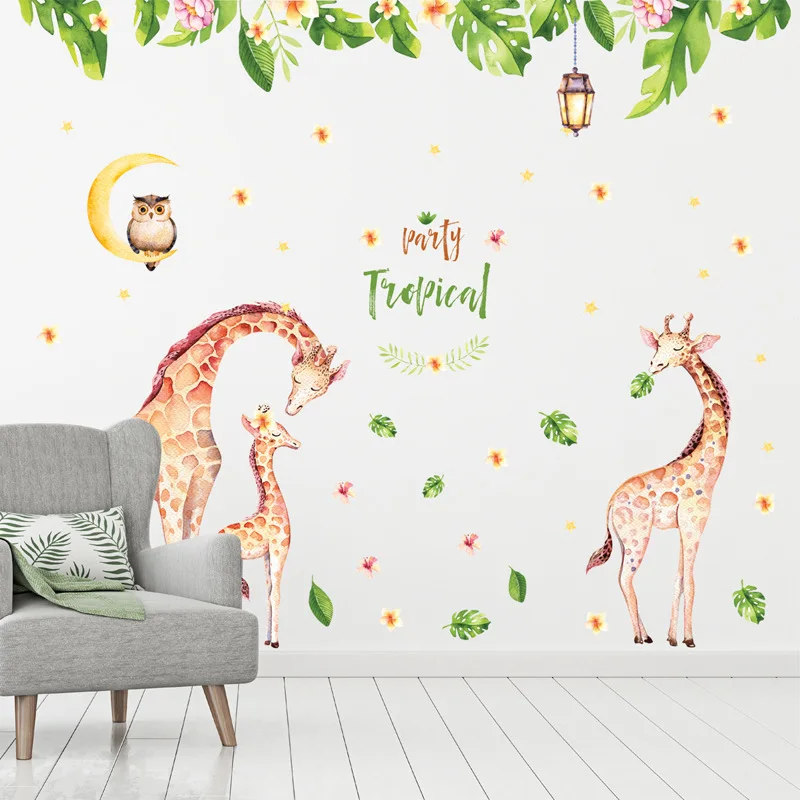 3D мультфильм джунгли дикие животные Жираф семья тропические листья цветы