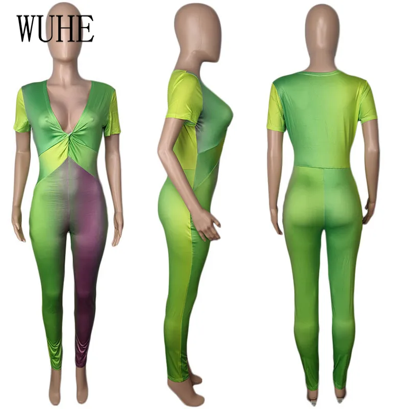 

WUHE Rainbow Print Color Contrast Jumpsuits Deep V Neck Short Sleeve Package Hip Skinny Nightclub Party Streetwear Overalls