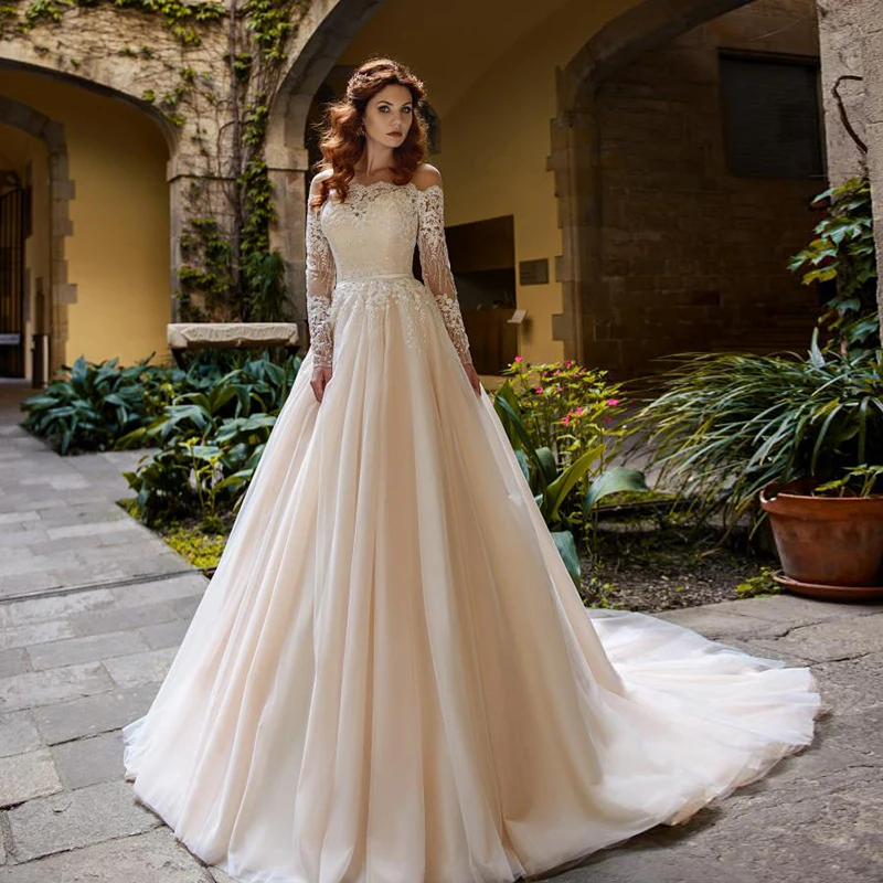 

Custom Made New Long Sleeves Lace Bride Dresses Boat Neck Botton Back Tulle A Line Wedding Dress Vestidos De Novia