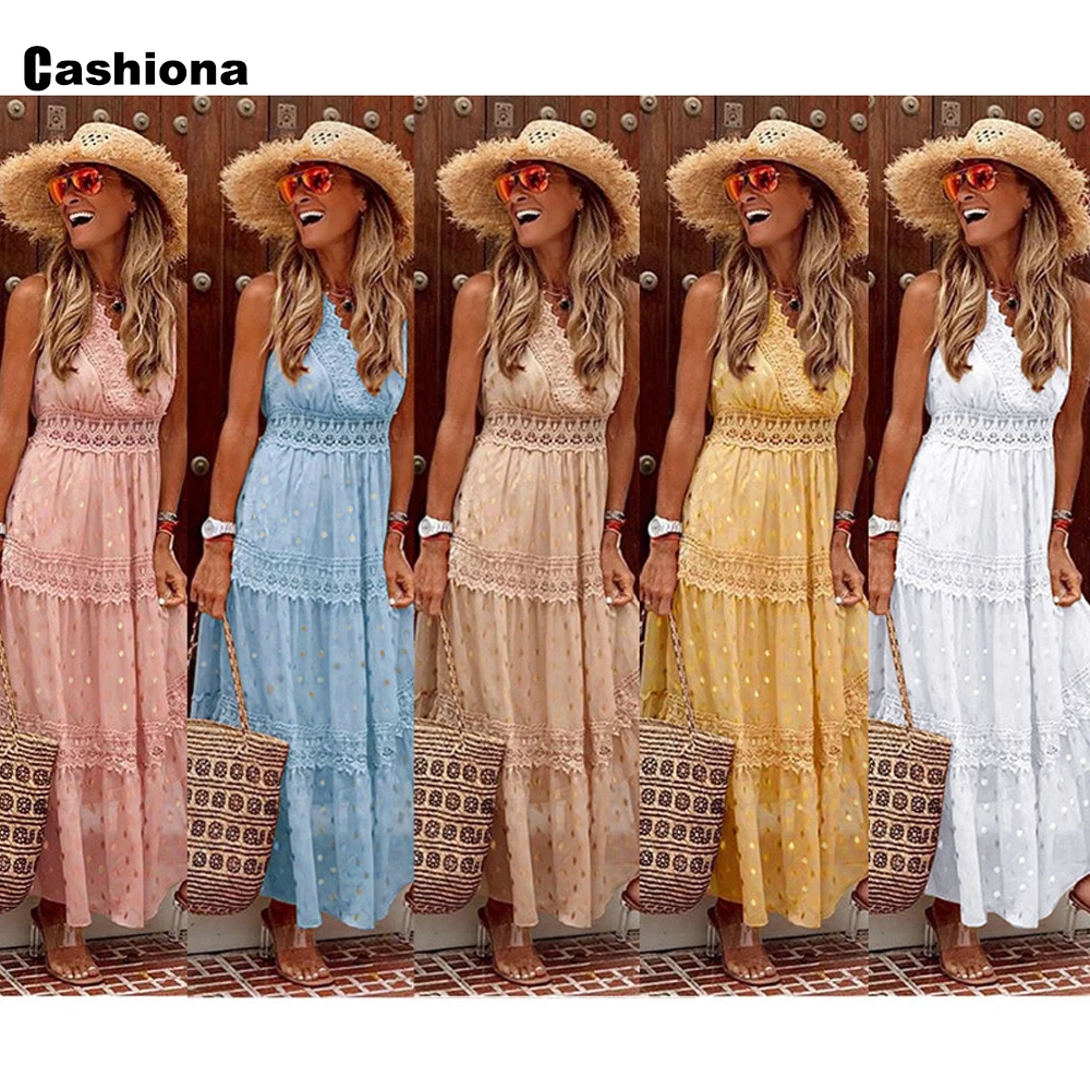 

Sexy Women Long Maxi Dress Patchwork Lace V-neck Party Dresses Ladies 2021 Sleeveless Chiffon Summer Casual A-Line Dress Femme